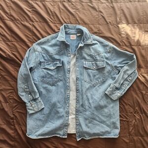 Vintage Levi's Men's Denim Shirt Large Blue Western Snap Button Long Sleeve
